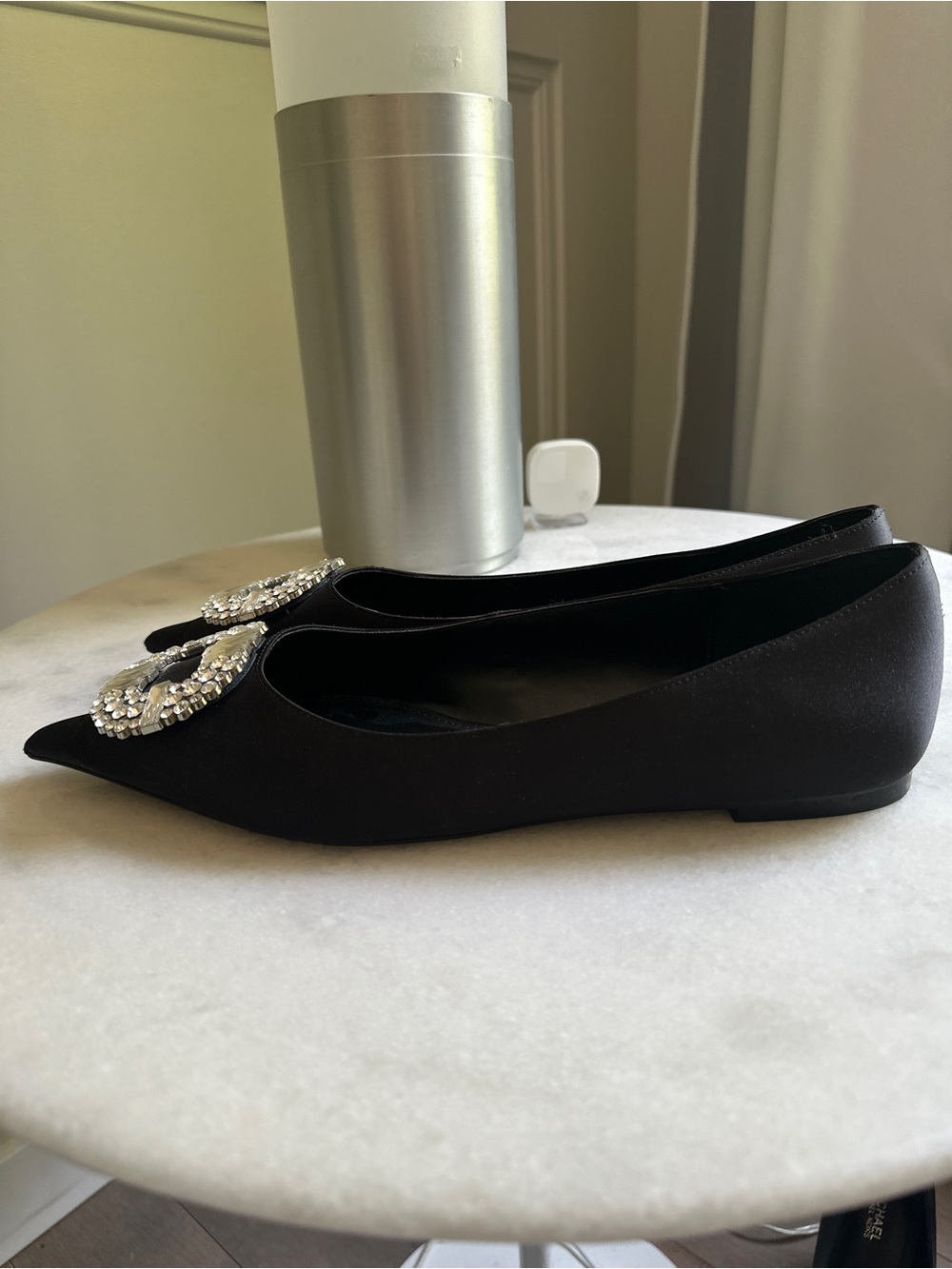 Mango Black Satin Pointed Toe Flats with Crystal Buckle - Picture 3 of 5